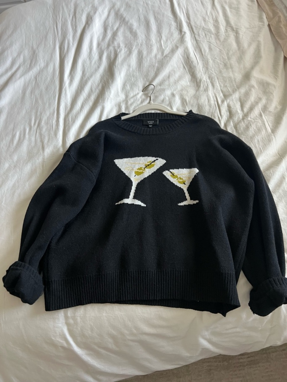 Vici Black Crewneck Sweater with Martini Glass Jacquard